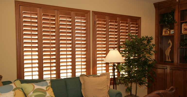 Wood shutters in Salt Lake City living room.